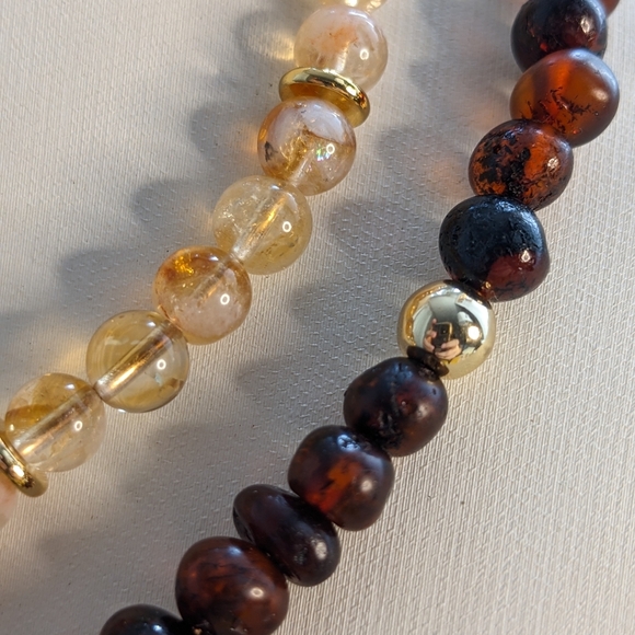 11 Carats Natural Whiskey Citrine & Baltic Amber Two Strand Choker Necklace - Picture 6 of 9